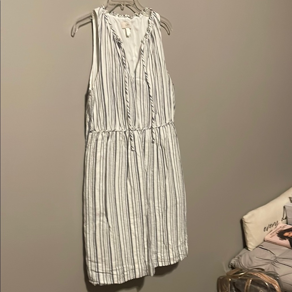 LOFT White and Blue Striped Midi Dress